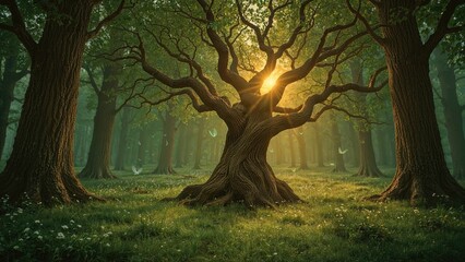 Fototapeta premium A large, ancient tree in a lush forest with sunlight shining through the branches. Nature and wildlife, concept. The beauty of trees and forest ecosystems.