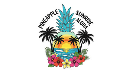 Tropical Pineapple Sunrise Aloha Beach Scene with Palm Trees and Hibiscus Flowers.