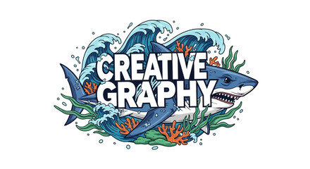 Creative Graphy Shark Illustration with Waves and Coral Reef.