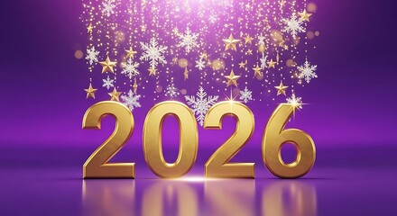 Golden 2026 numbers with sparkling snowflake and star confetti on purple background