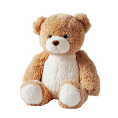 Obraz premium Cute beige teddy bear sitting isolated on white background. 3D rendering illustration of fluffy stuffed animal toy for kids