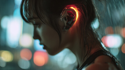 Human wearing subtle neural tech interface in futuristic city, symbolizing connection. Profile of person wearing translucent neural interface behind ear, soft neon rim light.