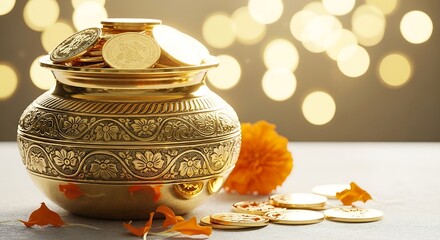 Ornate golden pot filled with coins and festive lights