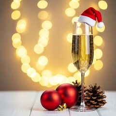 Champagne glass with santa hat and christmas ornaments on bokeh background
