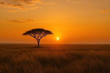 Golden sunset bathes the savanna, silhouetting a lone tree against the fiery sky.