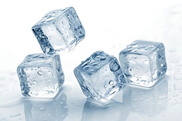 Four ice cubes are on a white surface