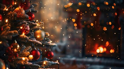 Cozy Christmas Eve scene with a beautifully decorated evergreen tree, glowing fairy lights, and a warm fireplace casting a magical, festive glow perfect for holiday celebrations.
