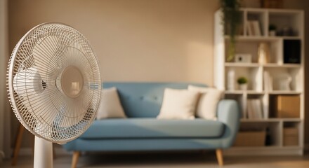 Experience refreshing comfort with a modern white fan cooling a serene living room with a blue sofa and sunlit shelves