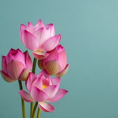 Delicate pink lotus flowers blooming against a serene teal background