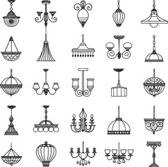 Antique luxury vector silhouette icons set with classic black chandelier illustration, tree, anchor, lamp, and candlestick decoration
