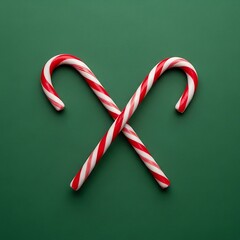 Two classic red and white striped candy canes crossed on a green background