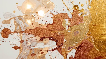 Fototapeta premium Abstract art with splashes of gold, copper, and beige paint creating a dynamic and textured composition.