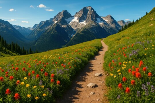 A scenic trail weaves through a vibrant wildflower meadow towards snow-capped peaks.