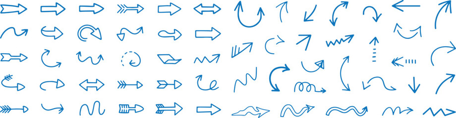 Doodle Scribble Arrows Set – Hand Drawn Curved, Swirl, Zigzag Motion Blue Line Navigation Pointers for UI, UX & Presentations — Vector Illustration