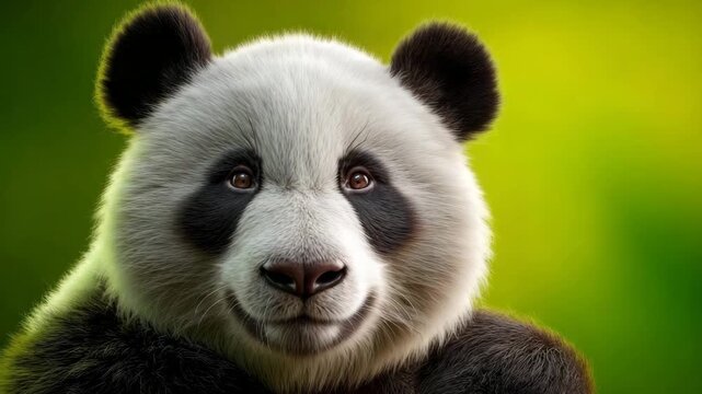 Closeup portrait of a giant panda with soft green and yellow bokeh background