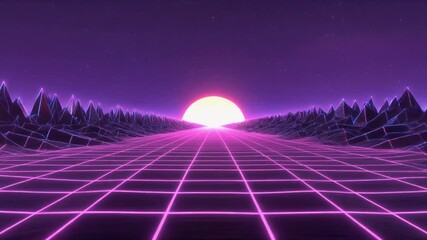 Neon Grid Highway into Digital Sunset - Powered by Adobe