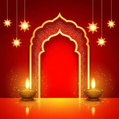Ornate archway with diyas and lanterns for diwali celebration