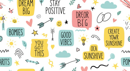 Motivational Quotes and Designs Seamless Pattern.