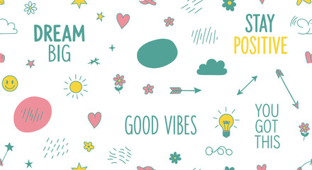 Motivational Doodle Pattern with Positive Affirmations and Cute Icons.