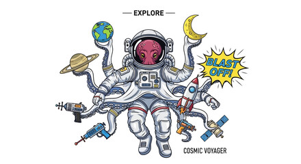 Astronaut with multiple arms holding planets and space objects illustration.