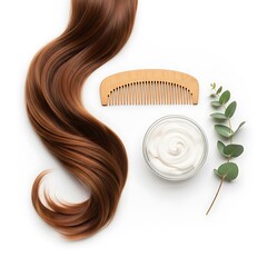 Healthy brown hair with hair care products and wooden comb on white background