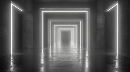 Fototapeta premium Empty concrete tunnel lit by glowing white lines
