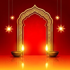 Traditional indian archway with lit diyas and festive lights