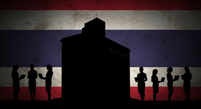 Diverse business professionals collaborate near iconic building silhouette against vibrant Thai flag backdrop