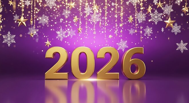 Golden 2026 numbers illuminated against a sparkling purple background with falling snowflakes and stars