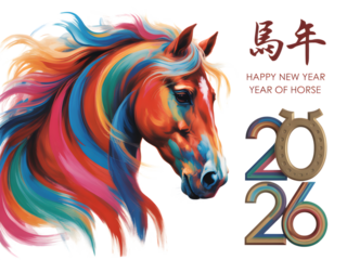 Colorful abstract horse head with flowing mane, , celebrating the year of the horse 2026