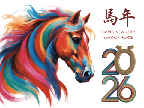 Colorful abstract horse head with flowing mane, , celebrating the year of the horse 2026