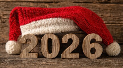 wooden set numbers 2026 sits atop festive holiday backdrop adorned bright red santa hat simple digits stark warm