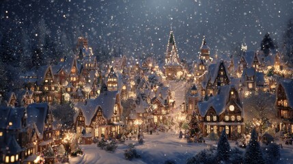 Obraz premium winter village festival a magical winter scene unfolds with illuminated rooftops sparkling against a backdrop of falling snow showcasing holiday cheer and festive ambiance
