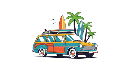 Retro Surf Wagon with Palm Trees and Surfboards.