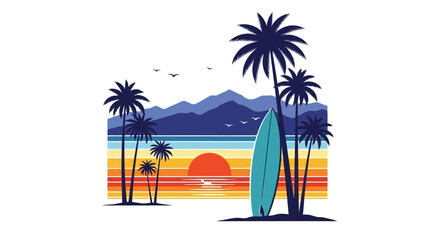 Tropical Beach Sunset with Palm Trees and Surfboard Illustration.