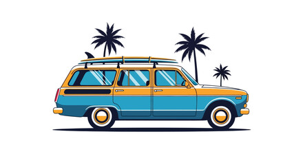 Vintage Surf Wagon with Palm Trees Illustration.