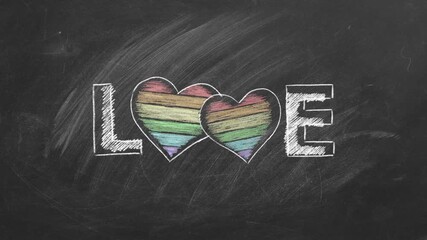 A chalkboard illustration with the word LOVE and vibrant rainbow hearts. This image radiates warmth and inclusivity, celebrating love and unity. LGBT, pride concept.