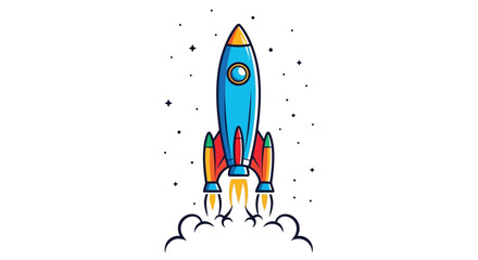 Cartoon Rocket Launching into Space with Stars.