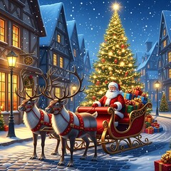 Santa claus rides his sleigh pulled by reindeer through a snowy christmas village street