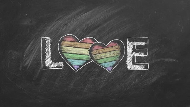 A chalkboard illustration with the word LOVE and vibrant rainbow hearts. This image radiates warmth and inclusivity, celebrating love and unity. LGBT, pride concept.
