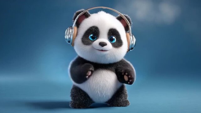 Cute 3d cartoon baby panda wearing headphones and dancing with joy