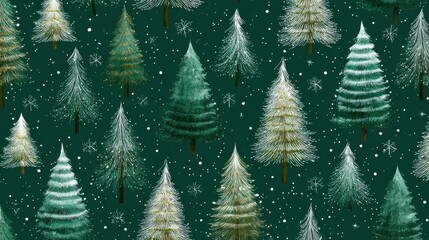 festive green christmas trees with white stripes and delicate snowflakes scattered across a deep forest green background creating a whimsical and charming holiday pattern perfect for seasonal decorat