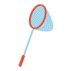 A vibrant cartoon illustration of a classic butterfly net with a blue mesh and bright red rim, perfect for catching insects, exploring nature, and summer fun adventures, isolated graphic.