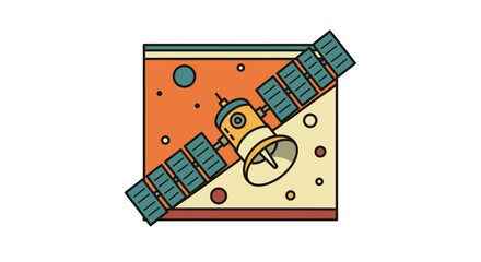 Satellite orbiting a celestial body in space with solar panels extended against a backdrop of stars and planets.