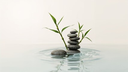 Naklejka premium A stack of smooth stones with green bamboo and water, featuring a peaceful and calming aesthetic.