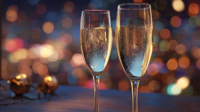 celebratory glasses of sparkling drink with festive background during a new years eve gathering at night - Powered by Adobe