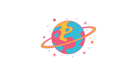 Colorful Cartoon Planet with Ring and Stars Illustration.