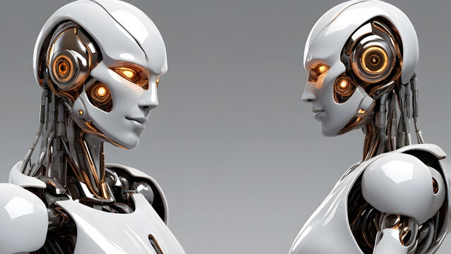 Two Futuristic Robots with Metallic Surfaces and Neon Lights on White Background