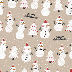 Vector Christmas seamless pattern with funny snowmen. Perfect for Christmas paper, fabric and gift designs