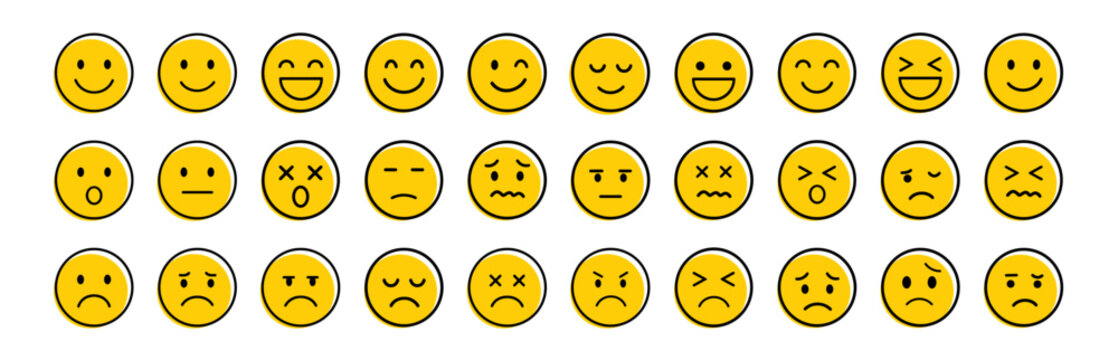 Naklejki Yellow smiley face feedback rating icons showing emotional expressions on transparent background